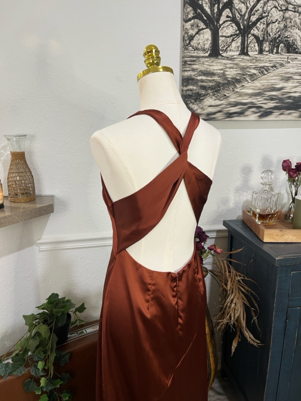 Lulu’s Satin V-Neck Slip Gown in Copper Brown NWT Medium - Picture 7 of 16